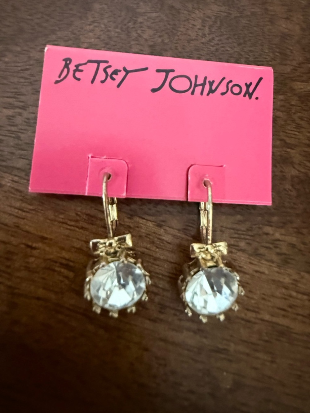 Betsey Johnson Gold Bow Drop Earrings with Clear Stones